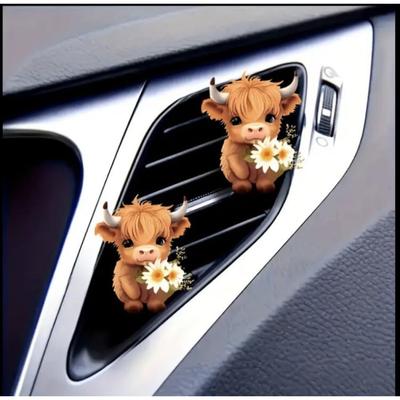 2x Schottische Hochlandkuh Auto Lufterfrischer Niedlicher Acryl Lüftungsklemme mit Blumendesign Innenraum Dekoration Charme Dekoration Niedliche Accessoires für Frauen Mädchen