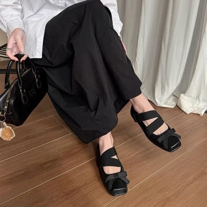 Mary Jane Shoes Children's New Spring Ballet Shoes Velcro Bow Retro Square Head Flat Shoes