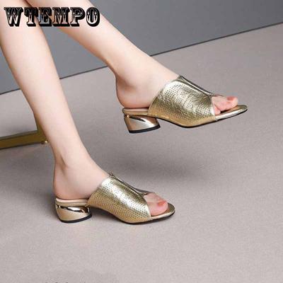 Slippers Women's Large Size Thick Heel Sandals In the Heel Soft Leather Wear Half Drag Gold Silver