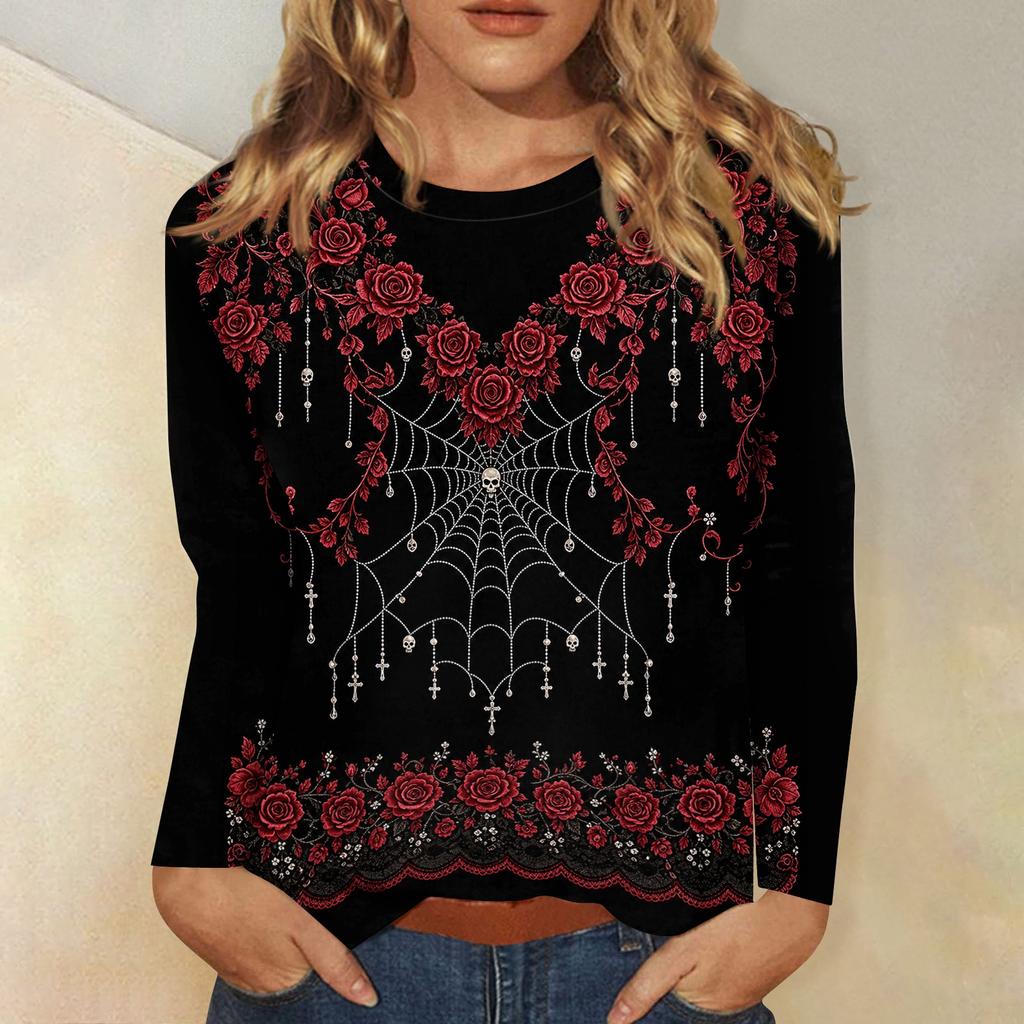 Women's Long Sleeve Halloween Printed Crewneck T-Shirt - Casual Fashion Top for