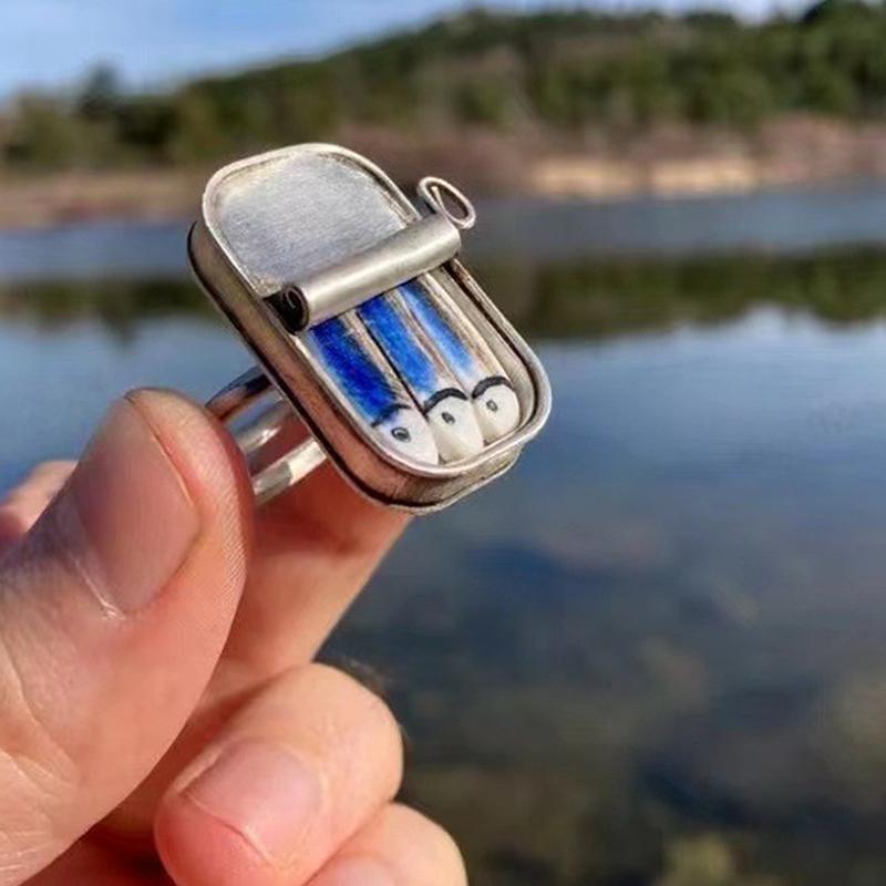 Canned Sardines Adjustable Ring/Necklace Fun Ring Alloy Of Sardines Ring Gift Quirky Ring Necklace Ornament,Tin Of Sardines