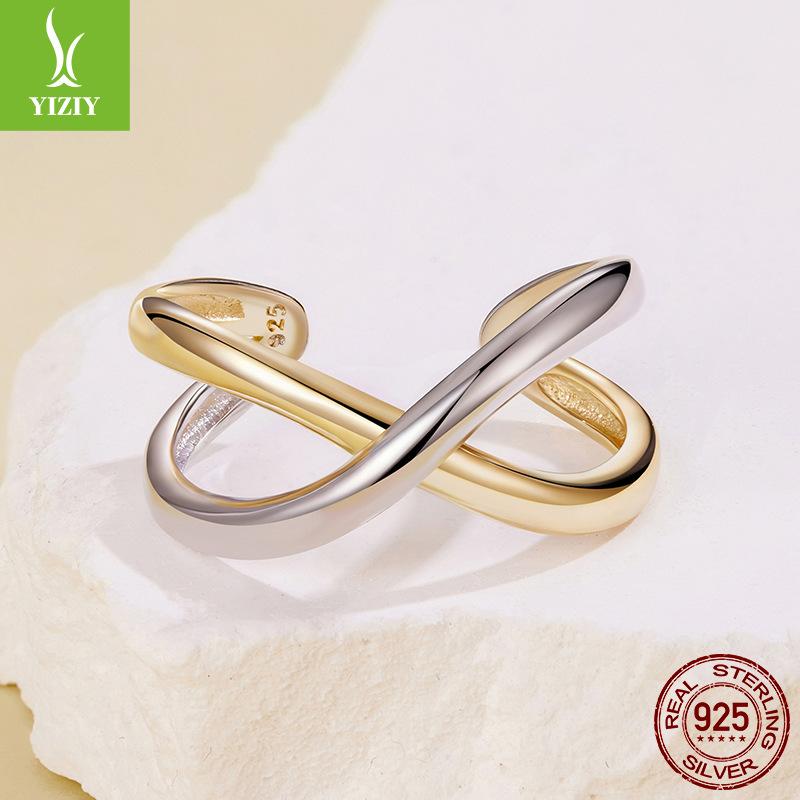 S925 Sterling Silver Two-Color Metallic Texture Earrings, Ring Collection, Light Luxury High-End Line Earrings.