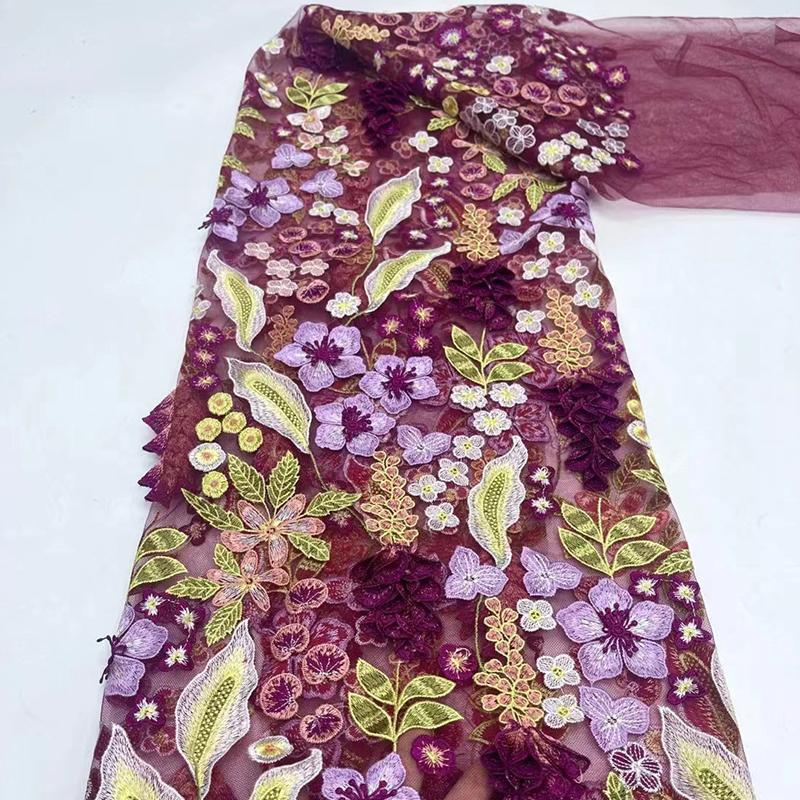 1 Yards 3D Floral Lace Embroidery Fabric Flower Embroidery Mesh Colorful Thread Fabric For Sewing Wedding Evening Dress