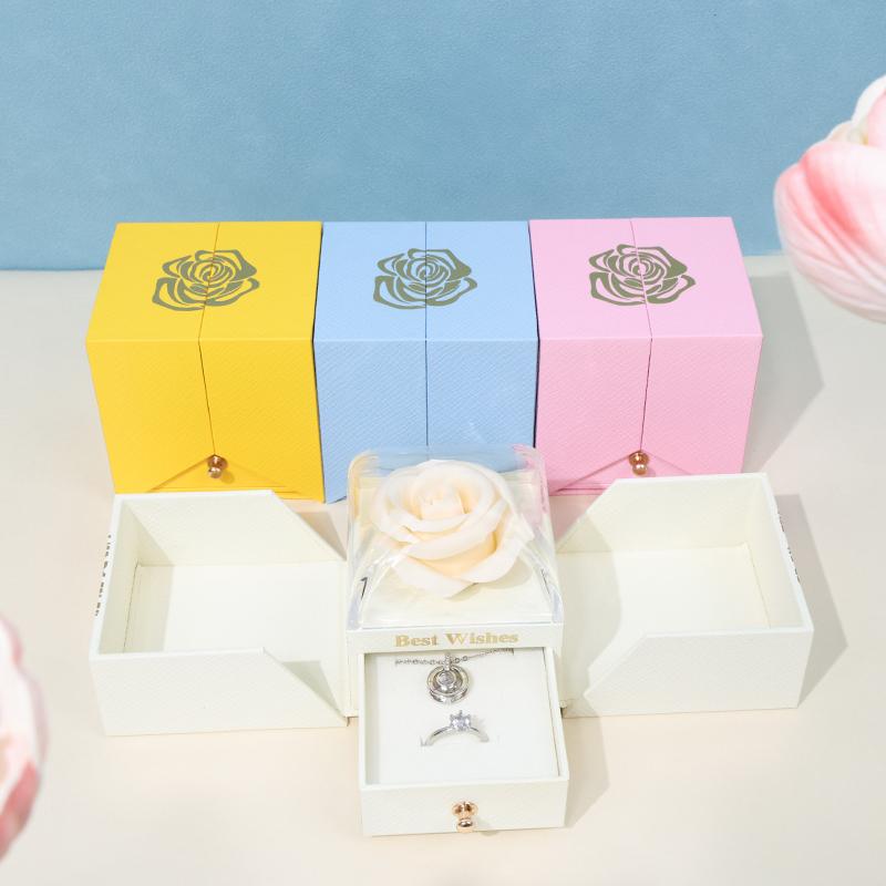 Jewelry Packaging Box Double Open Gatefold Rose Flower Gift Box with Drawer Custom Logo Velvet Ring Earring Necklace Case