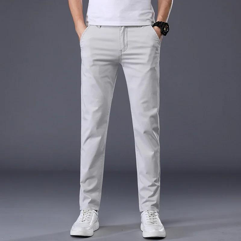 Pantalones Casuales Finos de Verano para Hombre Colores Algodón Estilo Clásico Elásticos Rectos Ajuste Delgado Moda de Negocios Pantalones Largos Masculinos