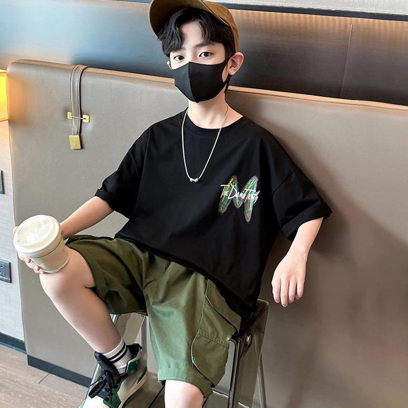 Teen Boys Clothing Set Summer Letter Short Sleeve T Shirt Pants Suit Kids Handsome Casual Outfit