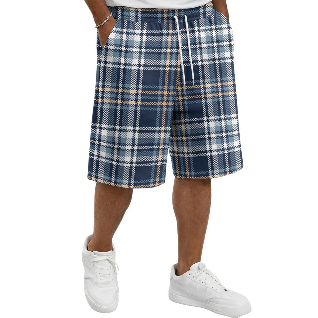 Men's Casual Plaid Drawstring Shorts Relaxed Fit Mid-Length Shorts with Side Pockets Suitable for Everyday Wear