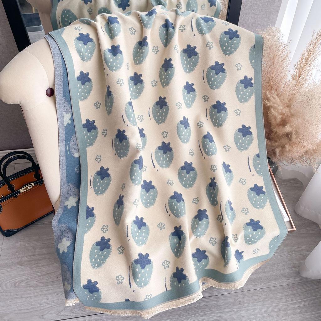 Korean Version Cute Strawberry Imitation Cashmere Scarf Women'S Long Travel Sunscreen Printed Fringed Medium Long Shawl
