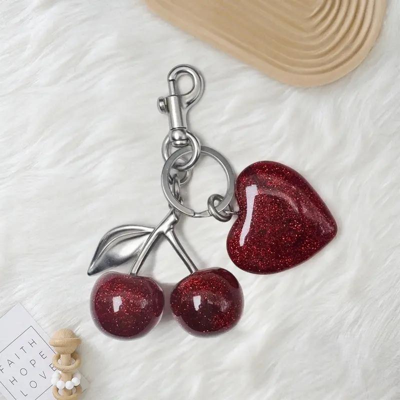 Kersenhart Bag Charm Sleutelhanger Prachtige Rode Kers Vrucht Sleutelhanger Voor Vrouwen Tas Portemonnee Hanger Accessoires Cadeau