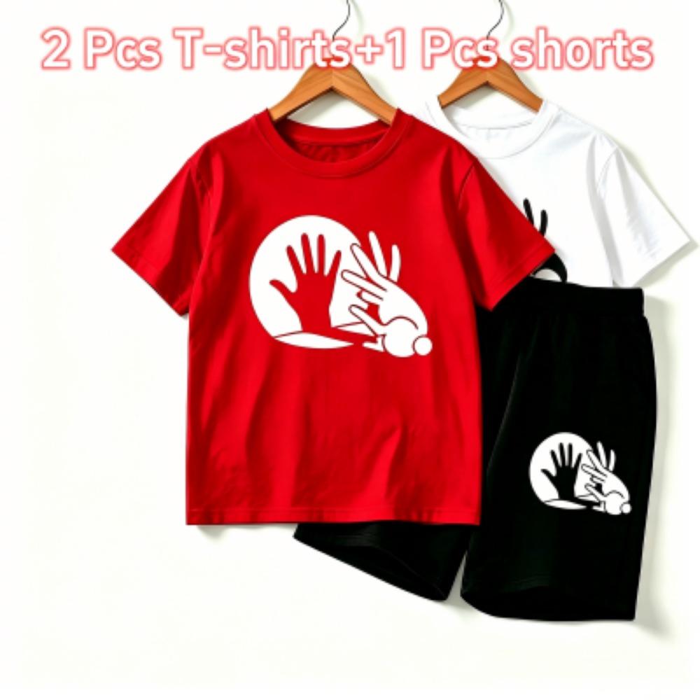 Rabbit Shadow Print Outdoor Street Kids T-shirt and Shorts Summer Home Casual Outfit Boy and Girl's Sports Set