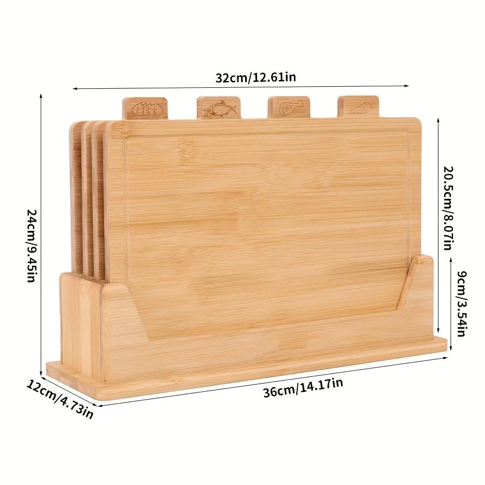4pcs Bamboo Cutting Board Set with Stand Food Icons Juice Groove for Meat Fish Bread Vegetables Fruits Christmas Kitchen Tool