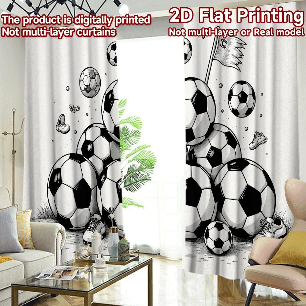 2D FLAT PRINTING 2pcs Curtains (Without Rod) Soccer Balls and Shoes Minimalist Chic Curtains Fabric Curtains Home Decor Use for
