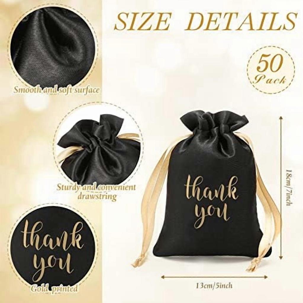 50 Pcs Black & Gold Satin Thank You Gift Bags (5x7") with Drawstring – for Jewelry, Candy, Wedding, Baby Shower, Christmas, Thanksgiving –