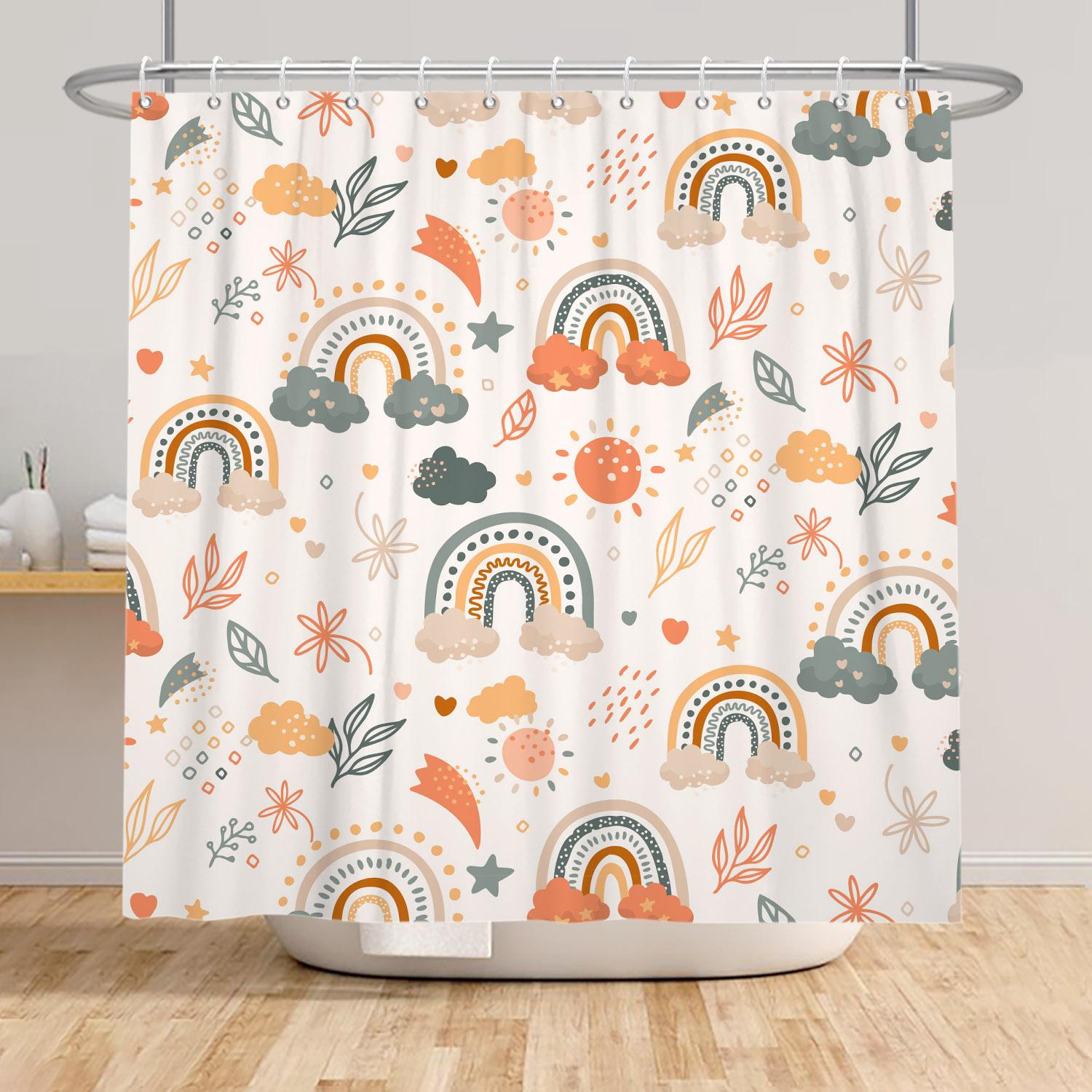 

Boho Rainbow Shower Curtain Cute Bohemian Plant Print Waterproof Bath Curtain For Bathroom Decor Polyester Fabric With 12 Hooks W60H190(CM)-1 Pcs