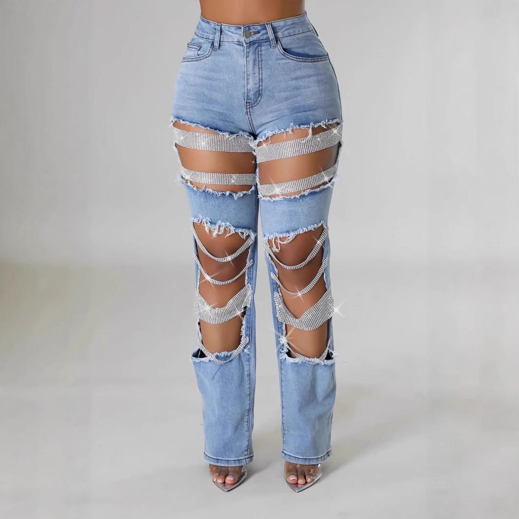 

2025 Джинсы с эластичной талией, рваные, с бисером для женщин: Стиль «Горячее лето» Large