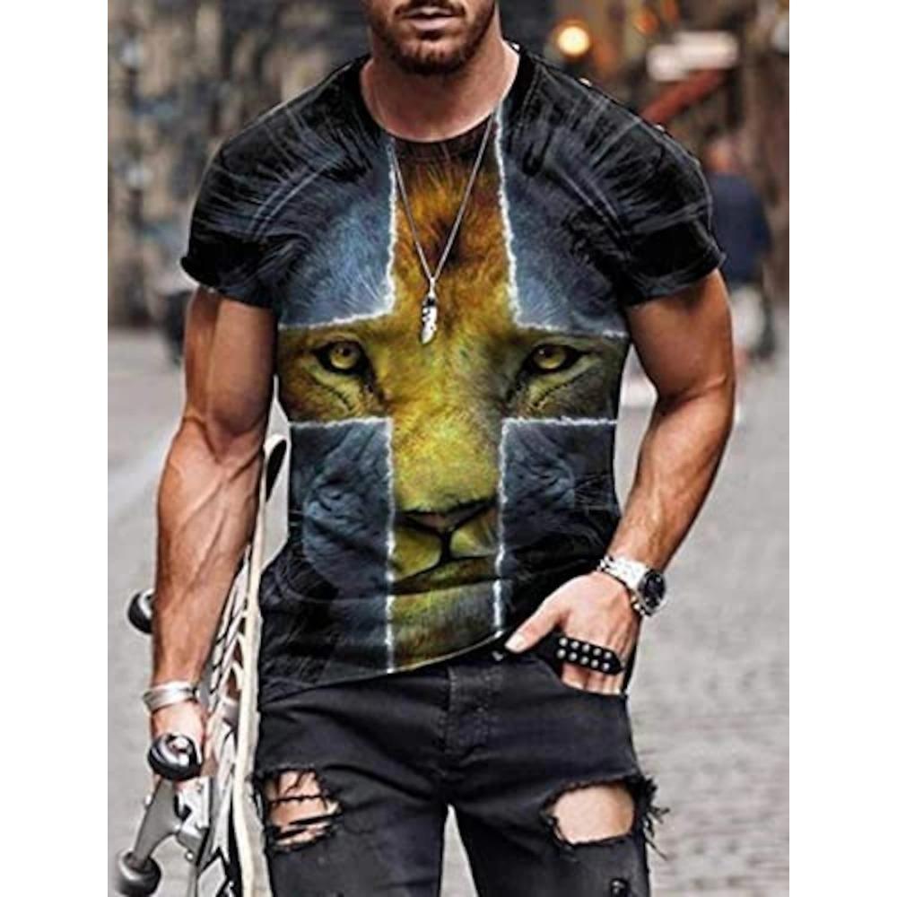 2026 New Men's Gender-Neutral T-Shirt 3D Printed Lion Round Neck Casual Short Sleeve Top Street Wea Men'st-Shirtoversizedt-Shirt