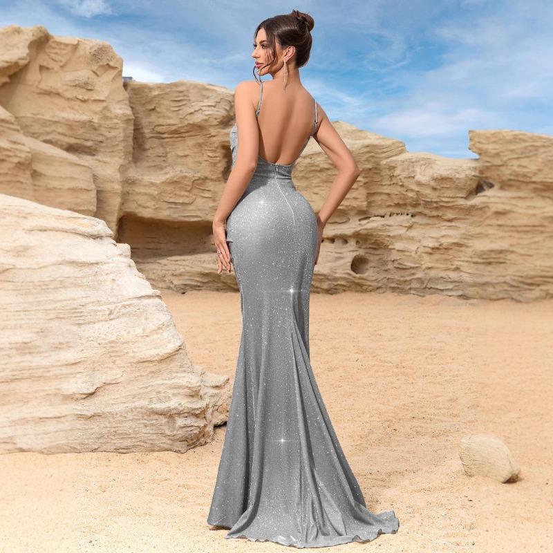 Women Sleeveless Deep V Neck Slim Fit Long Evening Dress