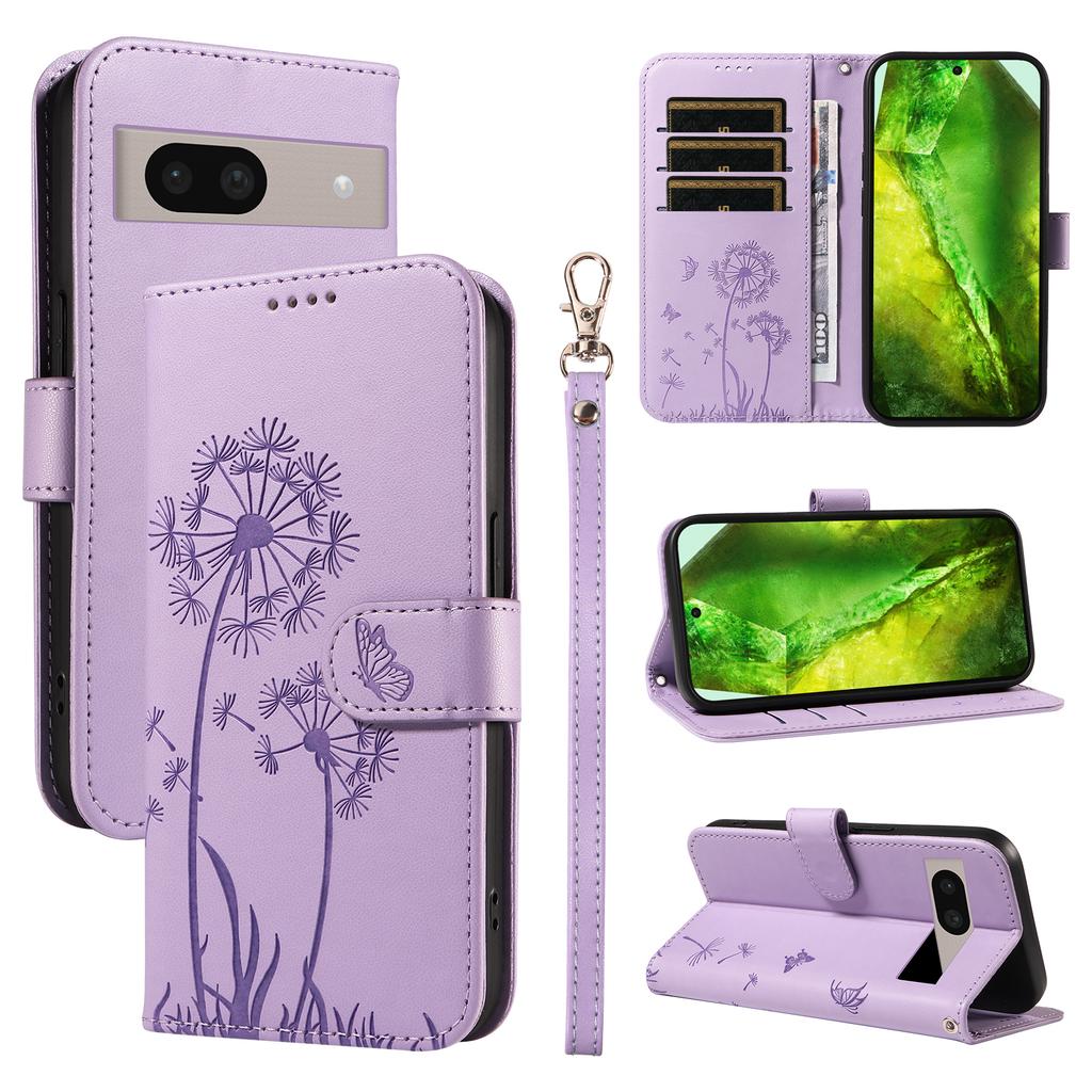 For Google Pixel 8a Leather Wallet Case with Strap Dandelion Imprint Phone Stand Cover