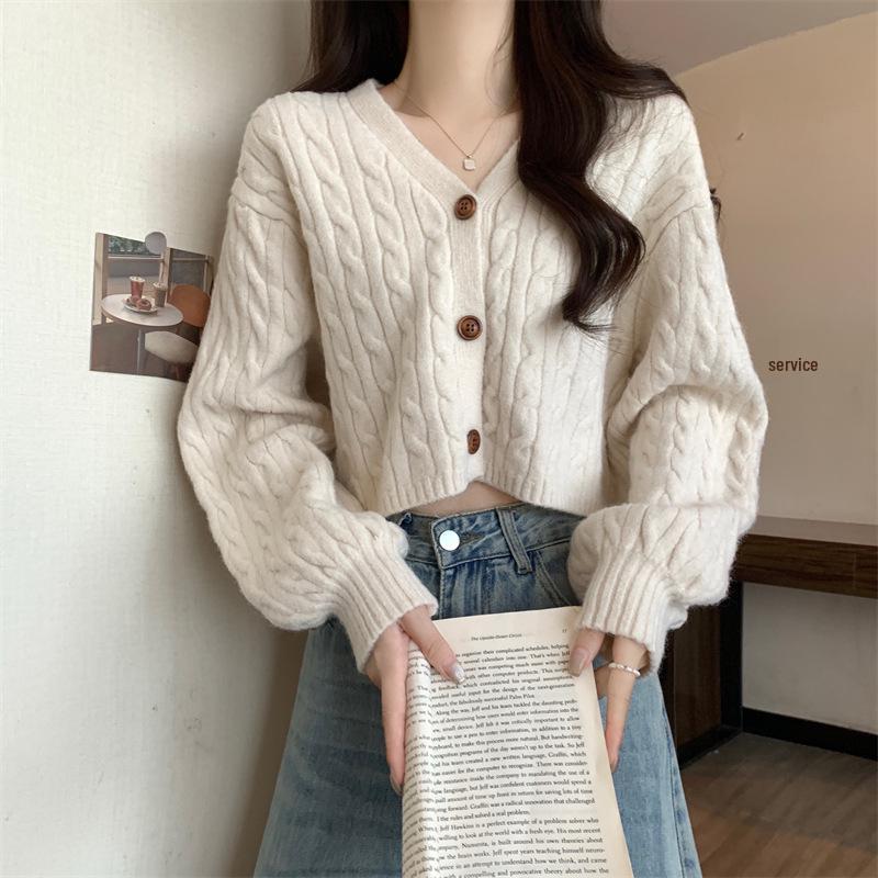 Women's Retro High-End Cable Knit Cardigan, Autumn/Winter 2026 - Loose, Lazy Fit with Long Sleeves
