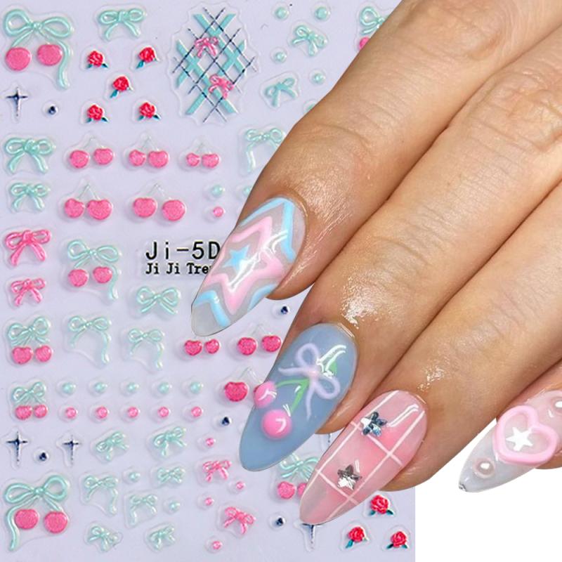 5D Bow Nail Sticker 3D Relief Cherry Bowknot Flower Summer Personalized Nail Back Adhesive Sticker Diy Nail Decoration Materials