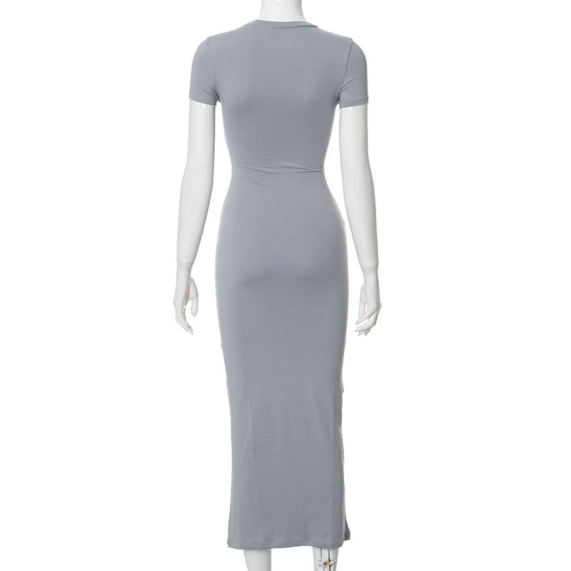 2024 Summer High Waist Long Dress For Women Short Sleeve Slim O Neck Basic Dresses Female Party Temperament Evening Elegant Solid Dress Femme