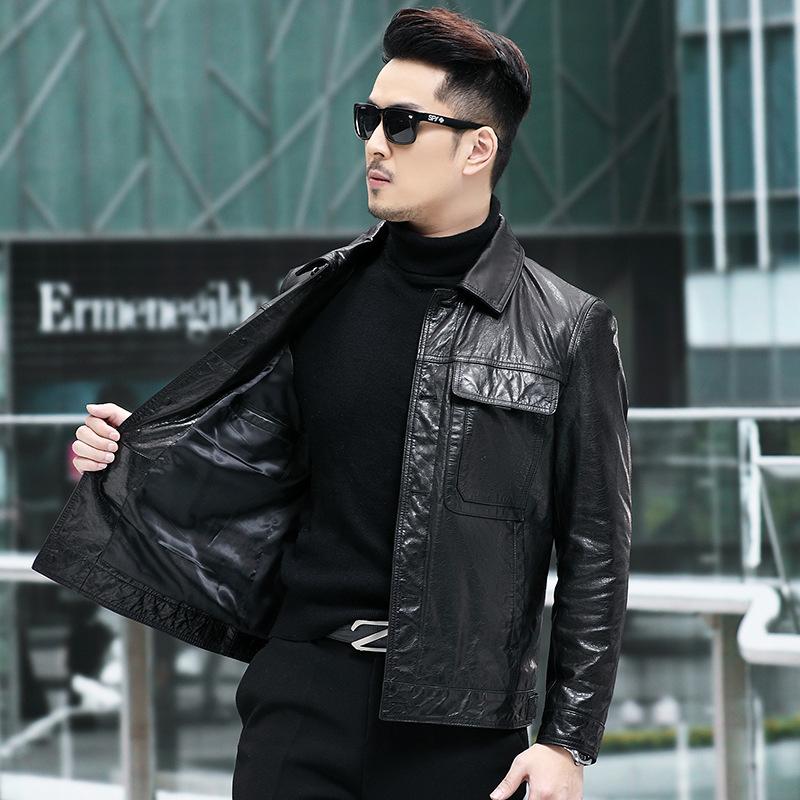 

Весна и осень Новые мужские куртки из натуральной кожи Мужские куртки из промасленной вощеной коровьей кожи Мужские мотоциклетные куртки с лацканами в корейском стиле M