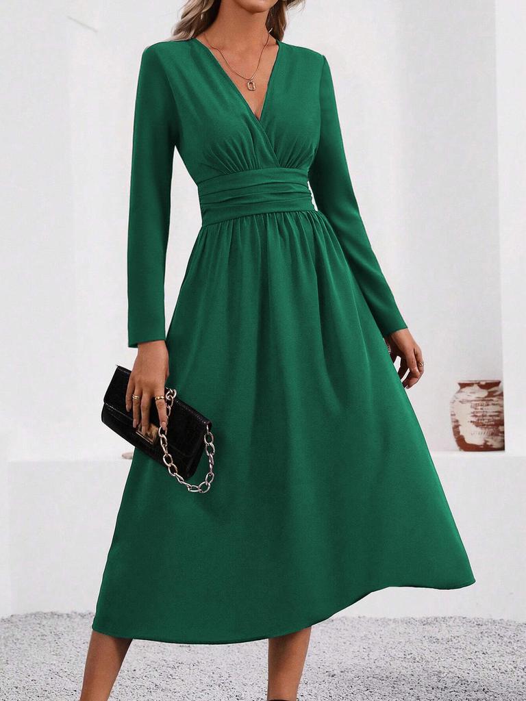 Elegant Women's V-Neck Long Sleeve Ruched Waist Dress for Autumn/Winter