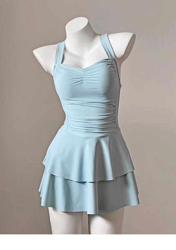Süßer Damen-Falten-Push-Up-Badeanzug mit Feen-Design, einfarbig, ideal für kleine Brüste und leicht übergewichtige Figuren