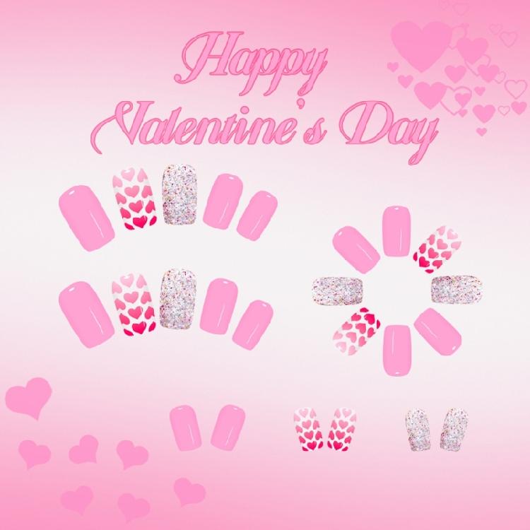 24 uñas postizas con punta francesa, diseño de corazón rosa brillante, uñas artificiales cortas para fiestas de San Valentín.