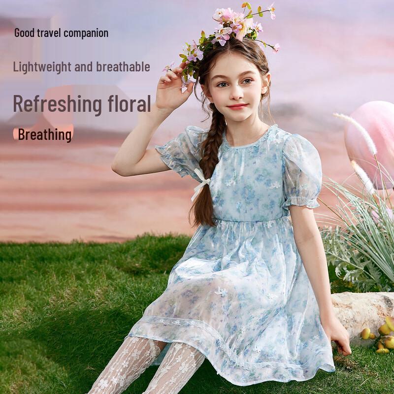 ASK JUNIOR Girls  Summer Puff Sleeve Full-Print Mesh Princess Dress 120