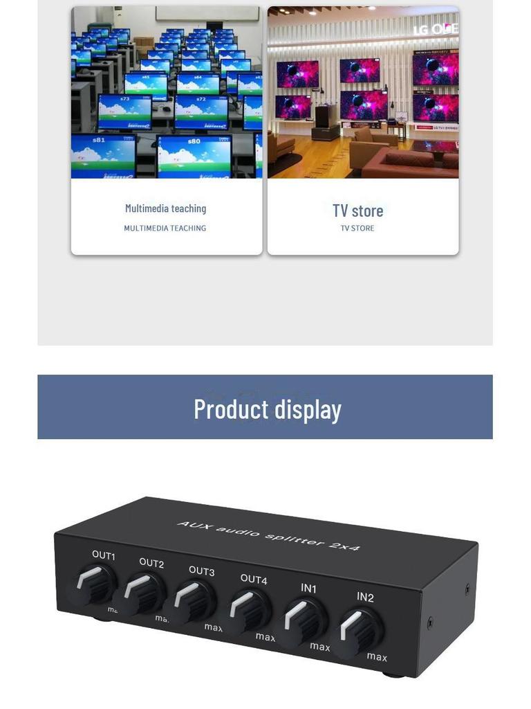 2-In 4-Out High Fidelity 3.5mm AUX Stereo Audio Distributor with Volume Control