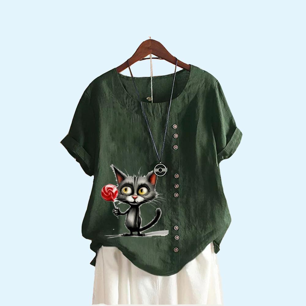 Women Loose Linen Blouse Women Fashion Round Collar Cat Print Top Summer Casual Short Sleeved T-shirt