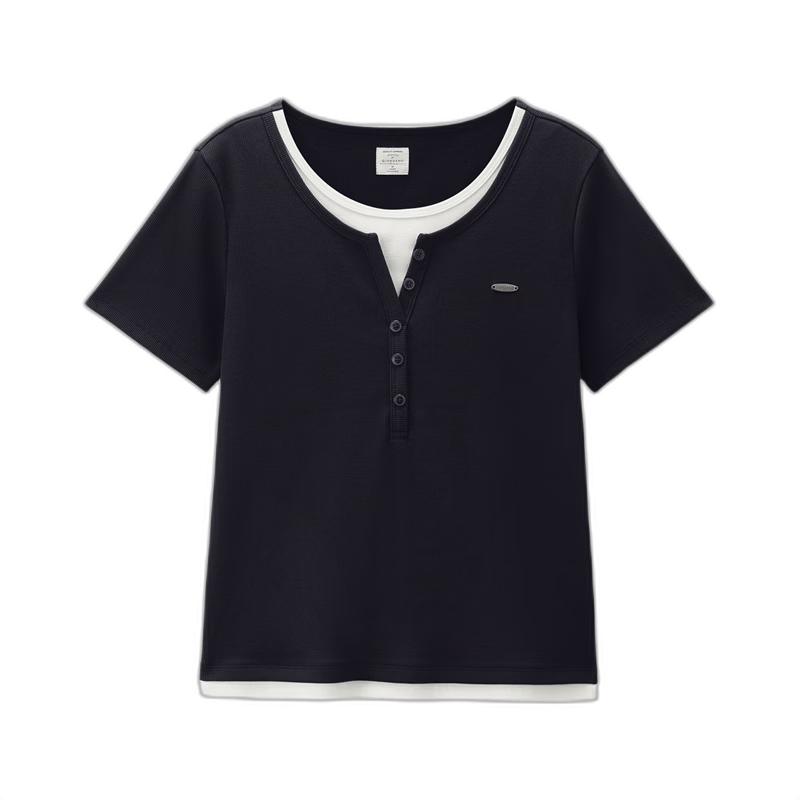 Giordano Women s Faux Two-Piece Round Neck Short Sleeve T-Shirt L