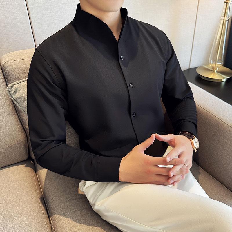 Spring Autumn New Men's V-Neck Shirt British Style Anti-Wrinkle Soft Solid Casual Elastic Slim Fit Long Sleeved Shirt Men Clothing