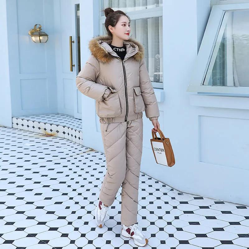 Women's Winter Solid-Color Minimalist Warm Set Thickened Hooded Coat with Large Fur Collar + Pants Two-Piece Set