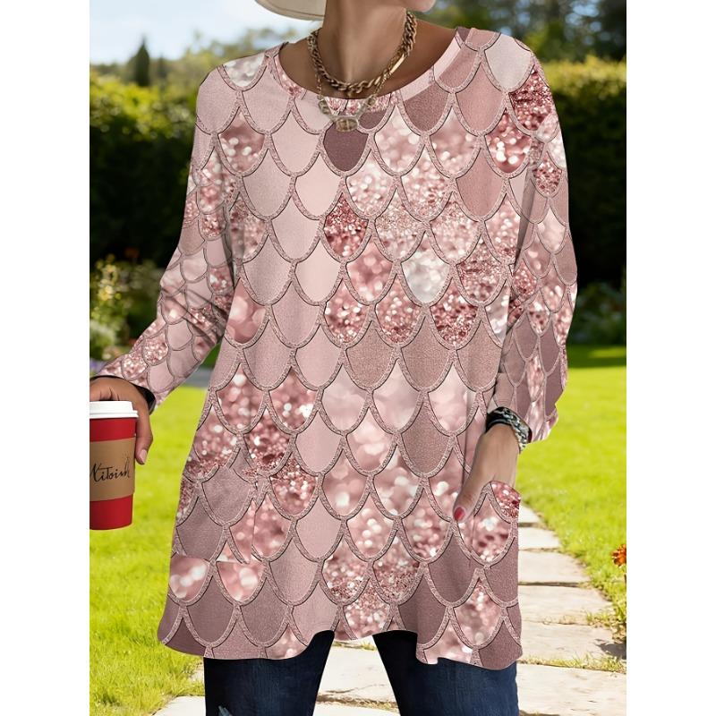 Sequin fish scale pattern pink long sleeve plus size women s T-shirt S