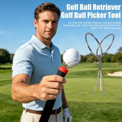 Iron Wire Park Golf Ball Retriever, Golf Ball Grabber Double Ring Clip, Putter Grip Metal Wire Golf Ball Picker Upper Tool, Golf