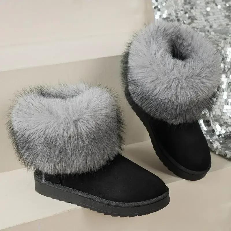 Fashion Luxury Long Plush Decoration Snow Boots Women Non Slip Soft Cotton Shoes Women 2025 Thicken Warm Faux Fur Ankle Boots Plus Size