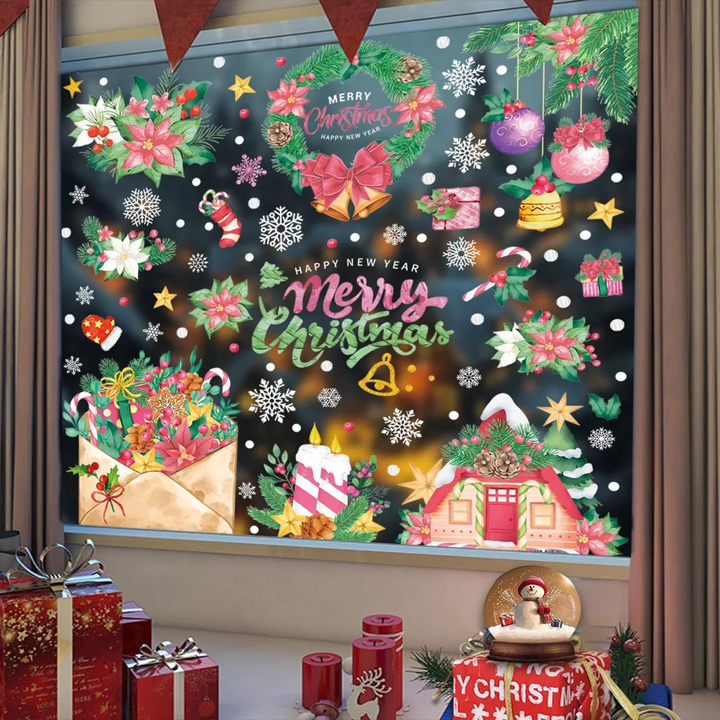 Christmas Pink Santa Claus Stickers Xmas Ball Garlands Bell Snowman Static Stickers Merry Christmas Decor Happy New Year