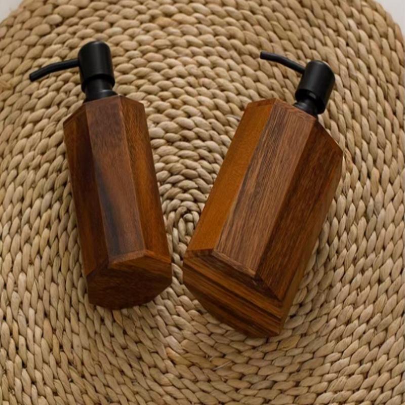 Handcrafted Walnut Wood Press Pump Bottle for Lotion Nordic Style Decorative and Functional Dispenser for Bathroom Vanity