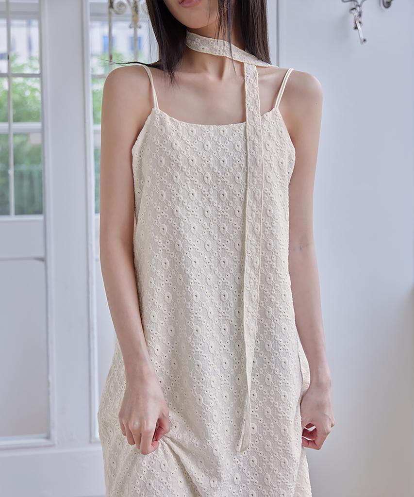 Leondeondada Embossed Lace Tie Dress, Cream