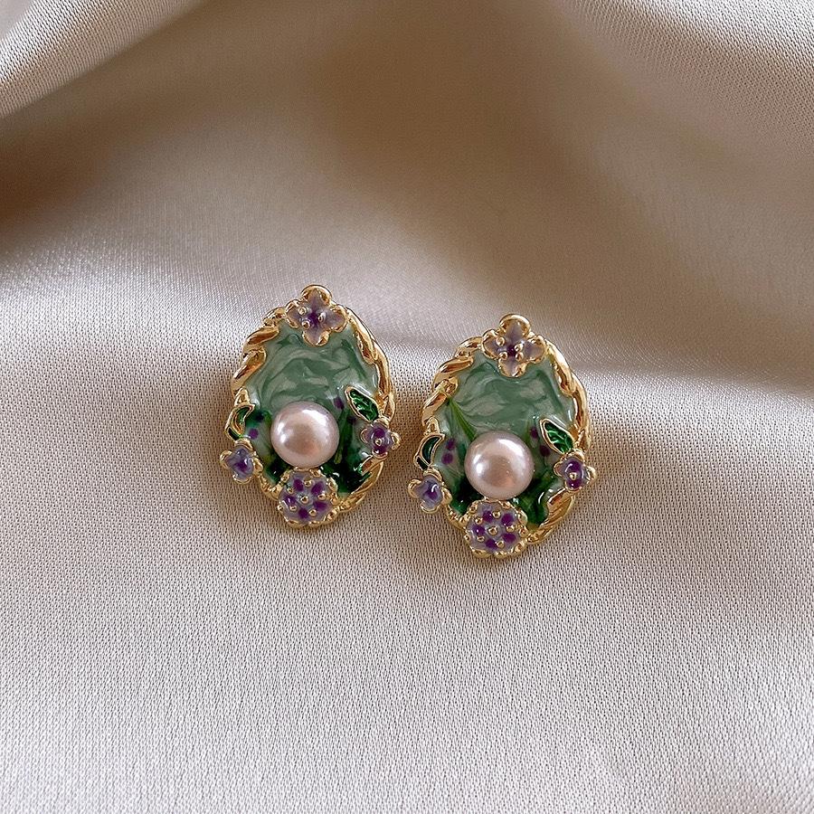 Monet garden oil painting style flower pearl earrings light luxury stud earrings French sweet small fresh earrings women