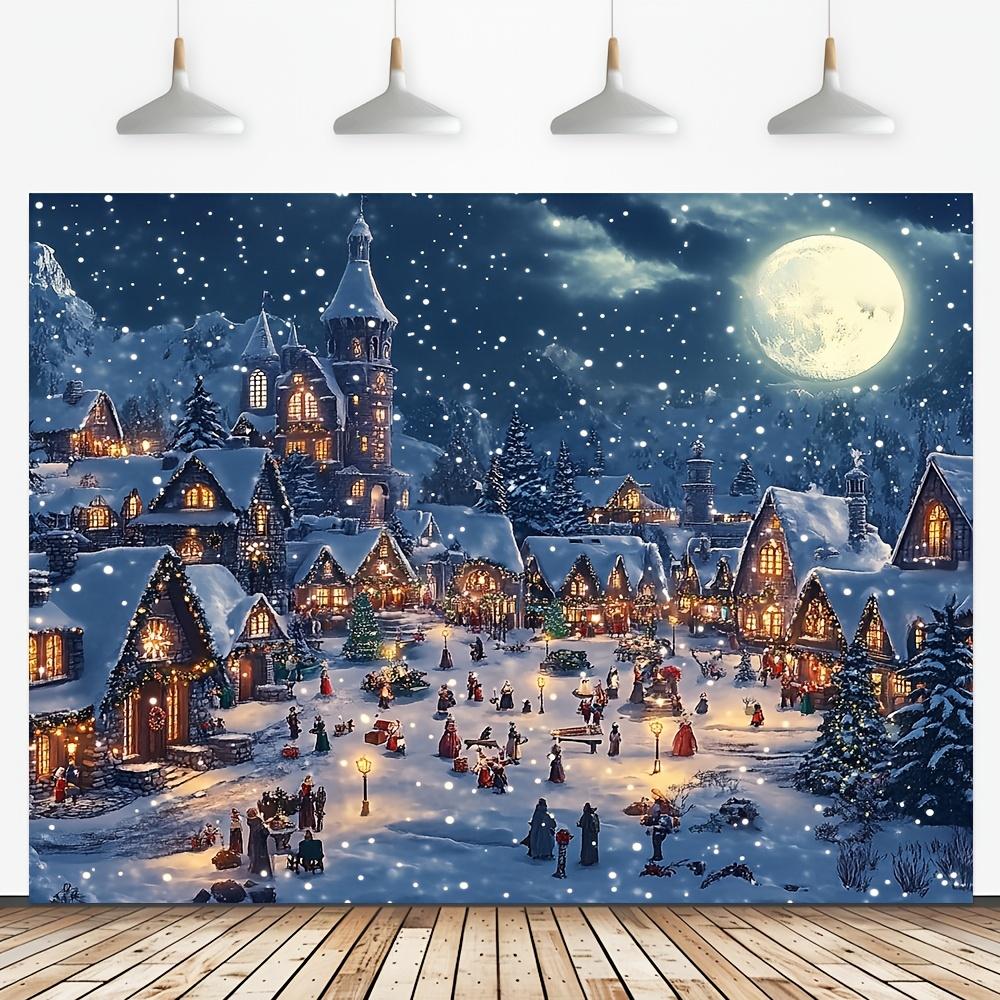 1 holiday Christmas village background, comfortable snow street landscape with snow pine trees, perfect for indoor use