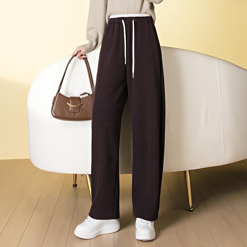 

Women s Casual Woolen Curved Leg Pants with Lace-up, Color Block Design, Wide Leg, Soft & Fluffy Fabric for Autumn/Winter 2025. S