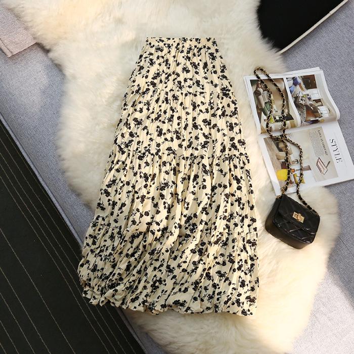 Spring 2024 Vintage Floral Pleated Midi Skirt for Women - High Waist, Draped, Trendy, Gentle Spring/Summer Mid-Length Skirt.