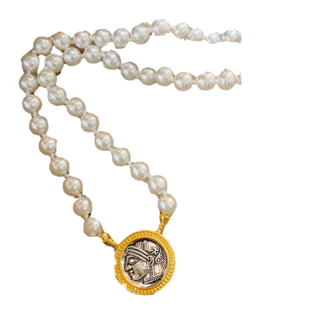 Ancient Coin Series Victory Muse Knotted Pearl Adjustable Necklace Women'S Neck Chain French Retro Versatile Double-Sided Wearable