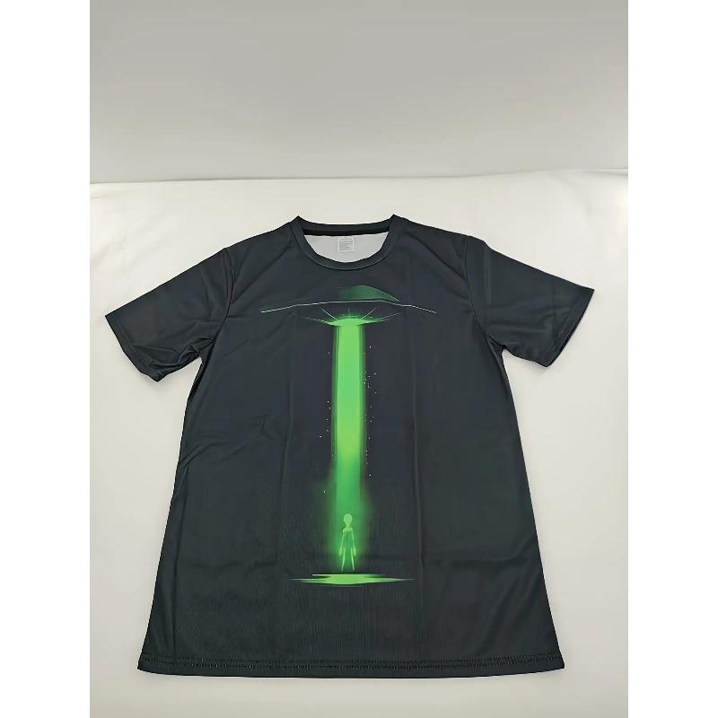 Europäische Größen Herren Schwarzes T-Shirt mit Aufdruck - Design mit neongrüner fliegender Untertasse und Alien-Raumschiff - Rundhalsausschnitt, Kurzarm, Maschinenwaschbar