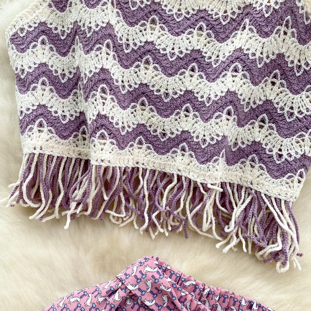 Bohemian Seaside Holiday Sle Zweiteiliger Anzug mit Wellenmuster, Camisole-Ärmel, vielseitiges, geschlitztes Hosenset mit weitem Bein