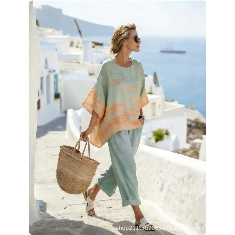 New set 1116 women's round neck gradual change printing casual suit holiday loungewear two-piece set