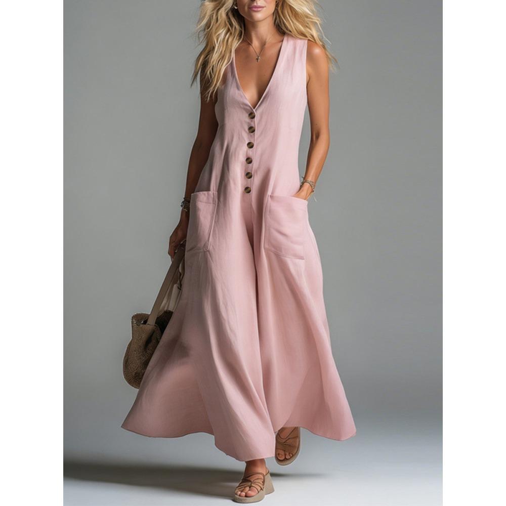 Women's Sleeveless V Neck Maxi Dress Casual Button Front Solid Long Dress with Pockets
